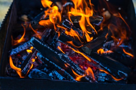 Burning wood chips to form coal. Barbecue preparation, fire before cooking.