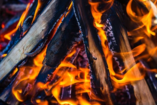 Burning wood chips to form coal. Barbecue preparation, fire before cooking.