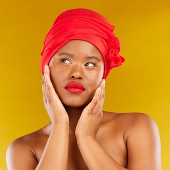 Face makeup, red lipstick and black woman with natural skincare shine, real aesthetic beauty or anti aging. Studio cosmetics, head scarf and African person touch smooth skin on yellow background.
