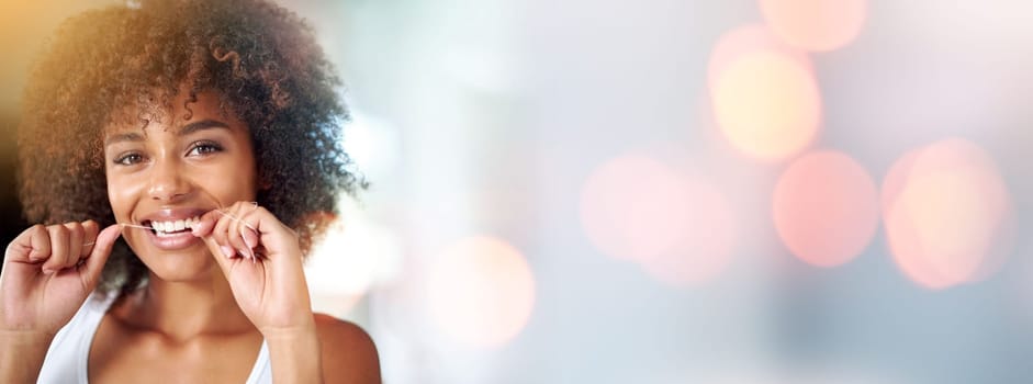 Black woman, dental floss portrait and space for mockup, smile and happiness with afro, self care and cleaning, Young model, gen z african and happy with dentistry product, healthcare and wellness.