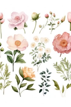botanical pattern with watercolor flowers, AI Generated. High quality illustration