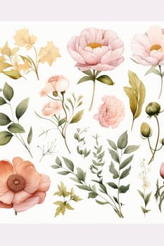 botanical pattern with watercolor flowers, AI Generated. High quality illustration