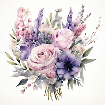 Blue and purple watercolor flowers bouquet, roses, peonies and leaves AI Generated.