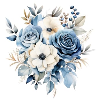 Blue and purple watercolor flowers bouquet, roses, peonies and leaves AI Generated.