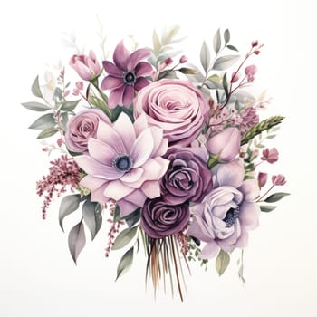 Blue and purple watercolor flowers bouquet, roses, peonies and leaves AI Generated.