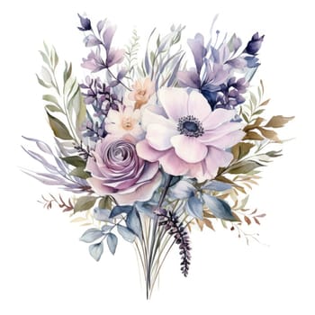 Blue and purple watercolor flowers bouquet, roses, peonies and leaves AI Generated.