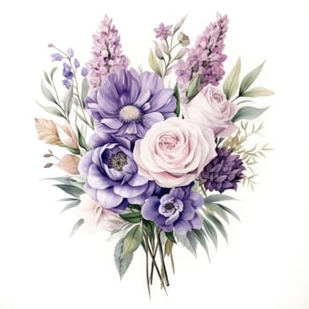 Blue and purple watercolor flowers bouquet, roses, peonies and leaves AI Generated.