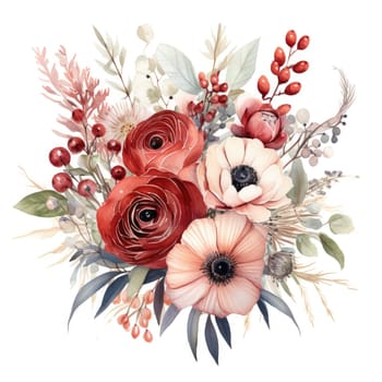 pink and red watercolor flowers bouquet, roses, peonies and leaves AI Generated.