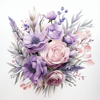 Blue and purple watercolor flowers bouquet, roses, peonies and leaves AI Generated.