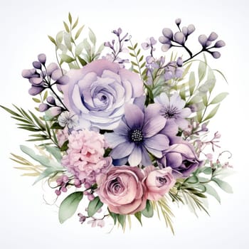 Blue and purple watercolor flowers bouquet, roses, peonies and leaves AI Generated.