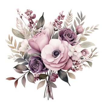 Blue and purple watercolor flowers bouquet, roses, peonies and leaves AI Generated.