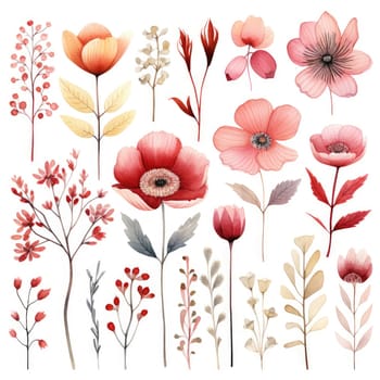 floral doodle design elements, flowers and leaves on white background , AI Generated.