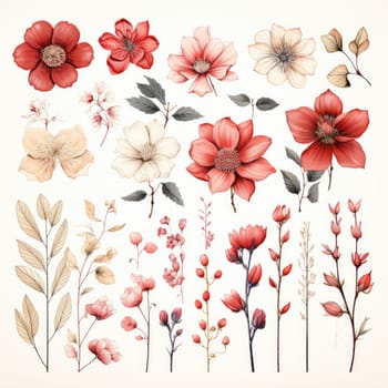 floral doodle design elements, flowers and leaves on white background , AI Generated.