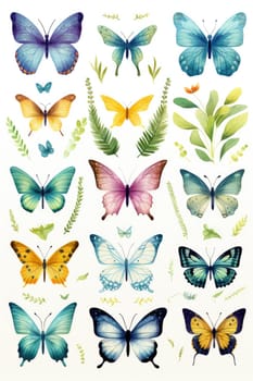 set of watercolor butterflies isolated on white, AI Generated. High quality illustration