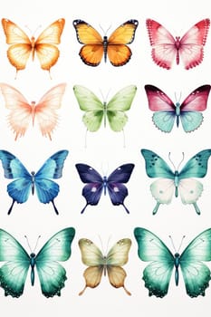 set of watercolor butterflies isolated on white, AI Generated. High quality illustration