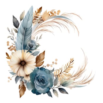 watercolor floral and feather wreath isolated on white , AI Generated