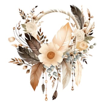 watercolor floral and feather wreath isolated on white , AI Generated