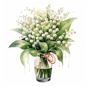 big bouquet of lilies of the valley in glass vase isolated on white background, AI Generated.