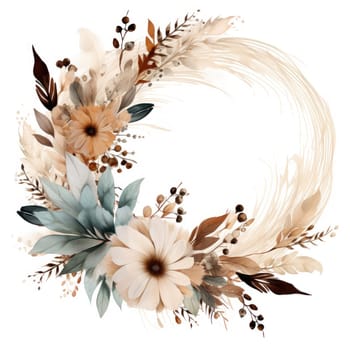 watercolor floral and feather wreath isolated on white , AI Generated