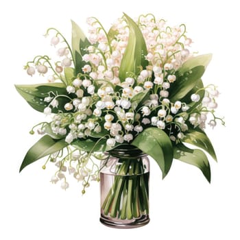 big bouquet of lilies of the valley in glass vase isolated on white background, AI Generated.