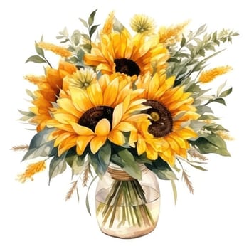 gorgeous bouquet of sunflowers in glass vase isolated on white background, AI Generated