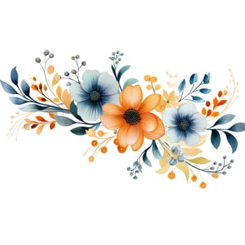 floral design with blue and orange flowers isolated on white background , AI Generated