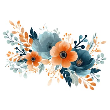 floral design with blue and orange flowers isolated on white background , AI Generated