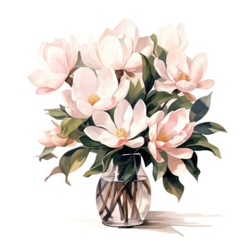 big bouquet of magnolias in glass vase isolated on white, AI Generated.