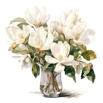 big bouquet of magnolias in glass vase isolated on white, AI Generated.