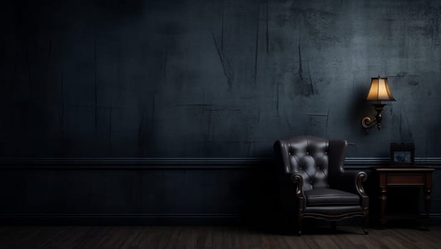 Black wall in dark colors. Wooden floors and fittings. Beautiful background for wallpaper. High quality photo. AI Generated