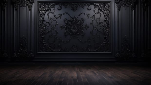 Black wall in dark colors. Wooden floors and fittings. Beautiful background for wallpaper. High quality photo. AI Generated