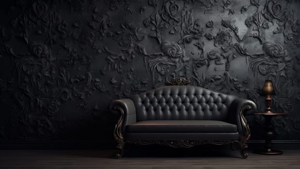 Black wall in dark colors. Wooden floors and fittings. Beautiful background for wallpaper. High quality photo. AI Generated