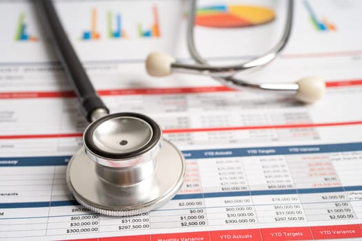 Stethoscope on spreadsheet and graph paper, Finance, Account, Statistics, Investment, Analytic research data economy and Business company concept.