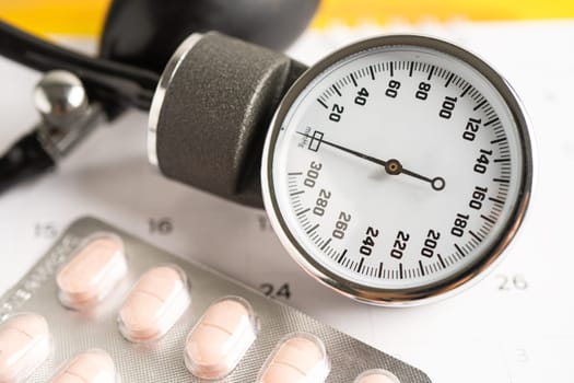 Blood pressure with drug pills on electrocardiogram ECG.