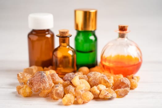 Frankincense or olibanum aromatic resin isolated on white background used in incense and perfumes.