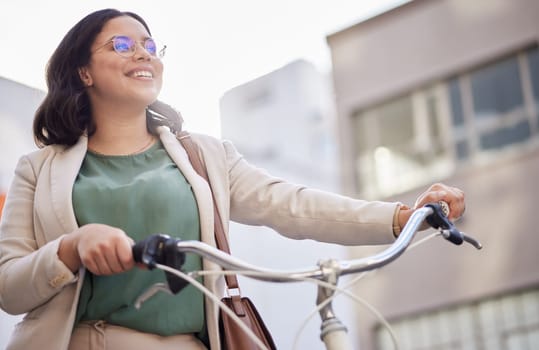 Business, woman and thinking in outdoor with bicycle for travel with smile and marketer. Professional, happy and female person with bike in street for transportation in city with bag to commute