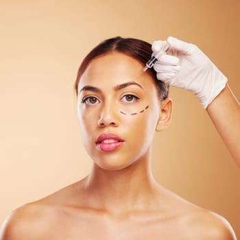 Rhinoplasty, plastic surgery and syringe for woman with beauty facial for isolated in brown studio background. Skincare, cosmetic and portrait of young person with treatment or medical transformation.