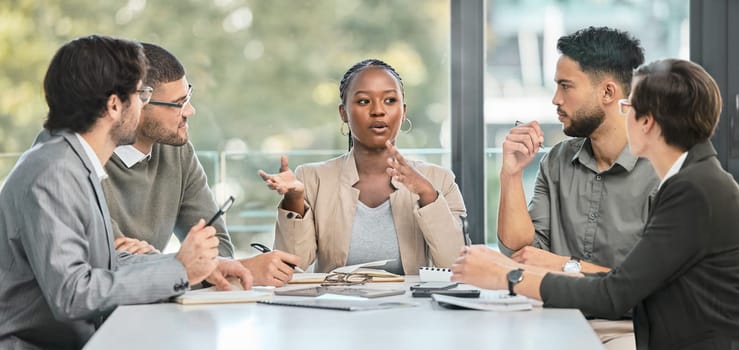 Business meeting, conversation and company strategy with diversity and communication. Corporate, management conversation and planning of a training team in workshop with teamwork and collaboration.