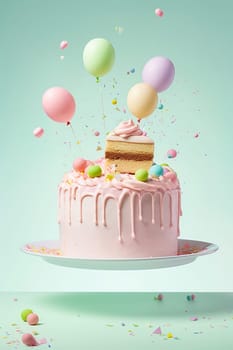 Flying cake with a plate on balloons. Low calorie concept. High quality photo