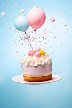 Flying cake with a plate on balloons. Low calorie concept. High quality photo