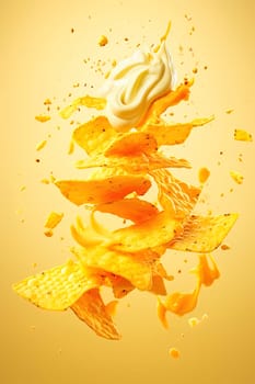 Potato chips with cheese sauce on a yellow background. Levitation. High quality photo