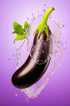 Purple eggplant in splashes of water. Levitation. High quality photo