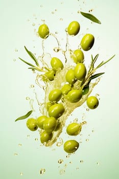 Green olives with splashes of water on a light background. Levitation. High quality photo