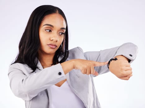 Time, rush and business woman with watch annoyed at late person isolated in a white studio background and angry. Planner, appointment and frustrated employee checking schedule for a problem planning.