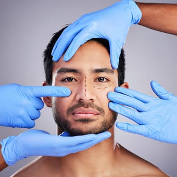 Plastic surgery, hands and drawing with portrait of man and surgeon for needle and syringe placement. Skincare, face and dermatology of a male person with medical procedure and collagen in studio.