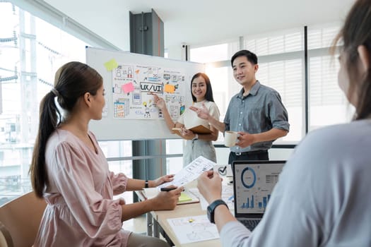 Asian office team brainstorming, plan for solution idea, Group of asia creative teamwork and woman leader at business meeting for developing mobile phone app, ux, ui start up, small business.