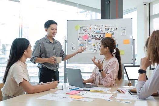 Asian office team brainstorming, plan for solution idea, Group of asia creative teamwork and woman leader at business meeting for developing mobile phone app, ux, ui start up, small business.