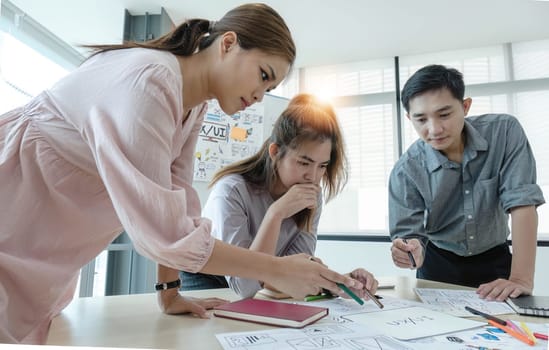 group of asian ux developer and ui designer serious brainstorming about mobile app interface on meeting at modern office.Creative digital development agency.