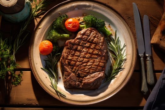 Medium rare steak on a plate with garnish