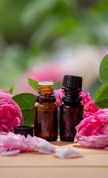 rose flower and essential oil. Spa and aromatherapy. Selective focus